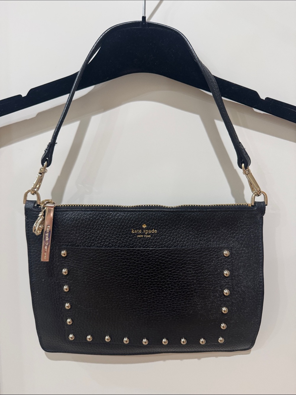 kate spade black leather studded shoulder pouch with gold hardware